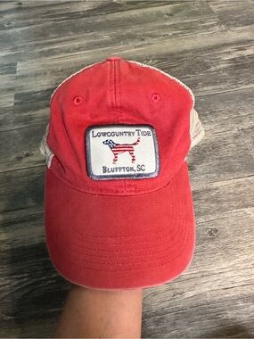 Lowcountry Tide Bluffton SC Trucker Hat Patriotic Goat USA Flag Red Snapback Cap